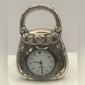 Vintage BRIGHTON Desk Mini Silver Clock Bag Rhinestones Collectible Decor